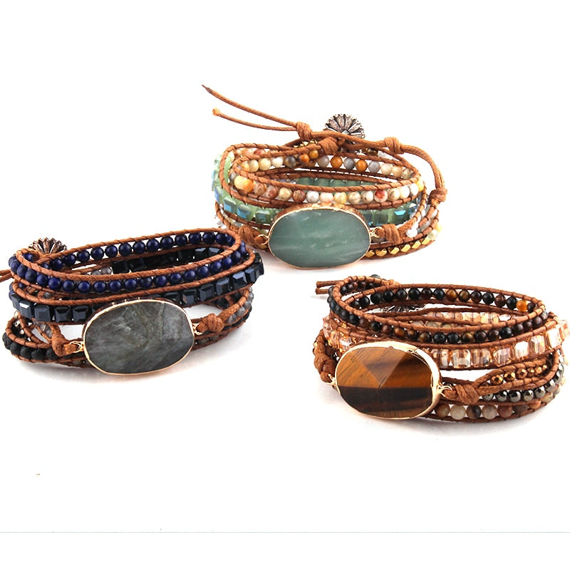 Boho Bracelet, RH 5 Layers Leather Wrap Bracelet,  Mixed Natural Stones & Crystal Stone Blue and Purple