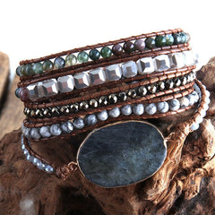 Boho Bracelet, RH 5 Layers Leather Wrap Bracelet,  Mixed Natural Stones & Crystal Stone Blue and Purple