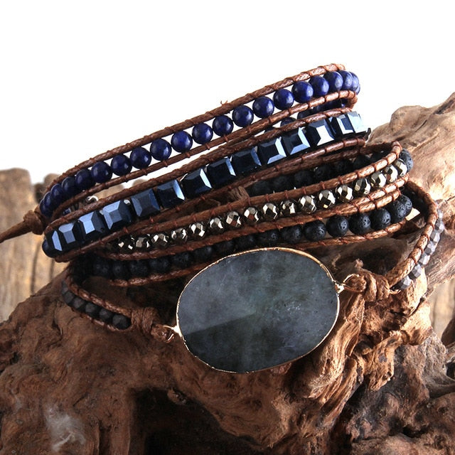 Boho Bracelet, RH 5 Layers Leather Wrap Bracelet,  Mixed Natural Stones & Crystal Stone Blue and Purple