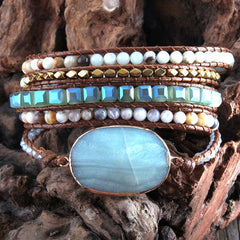 Boho Bracelet, RH 5 Layers Leather Wrap Bracelet,  Mixed Natural Stones & Crystal Stone Blue and Purple