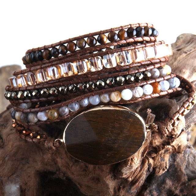 Boho Bracelet, RH 5 Layers Leather Wrap Bracelet,  Mixed Natural Stones & Crystal Stone Blue and Purple