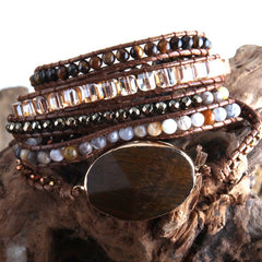 Boho Bracelet, RH 5 Layers Leather Wrap Bracelet,  Mixed Natural Stones & Crystal Stone Blue and Purple