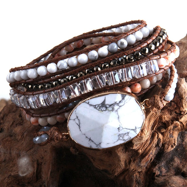 Boho Bracelet, RH 5 Layers Leather Wrap Bracelet,  Mixed Natural Stones & Crystal Stone Blue and Purple