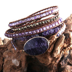 Boho Bracelet, RH 5 Layers Leather Wrap Bracelet,  Mixed Natural Stones & Crystal Stone Blue and Purple