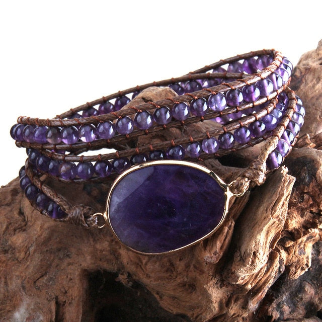 Boho Bracelet, RH 3 Layers Leather Wrap Bracelet, Natural Stones, Blue, Rose, Purple