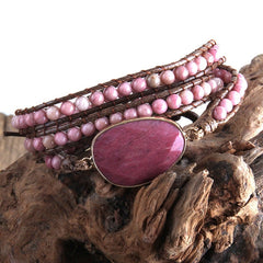 Boho Bracelet, RH 3 Layers Leather Wrap Bracelet, Natural Stones, Blue, Rose, Purple