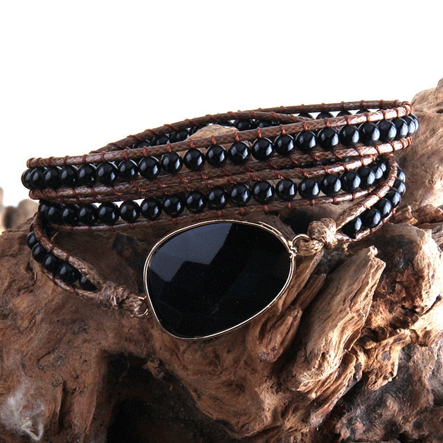 Boho Bracelet, RH 3 Layers Leather Wrap Bracelet, Natural Stones, Blue, Rose, Purple