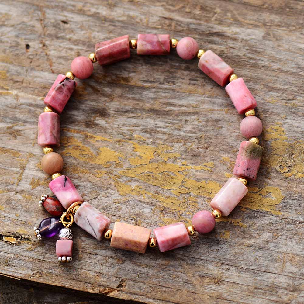 Boho Bracelet, Stretchy Bracelet, Pink and Blue Rhodonite