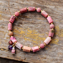 Boho Bracelet, Stretchy Bracelet, Pink and Blue Rhodonite