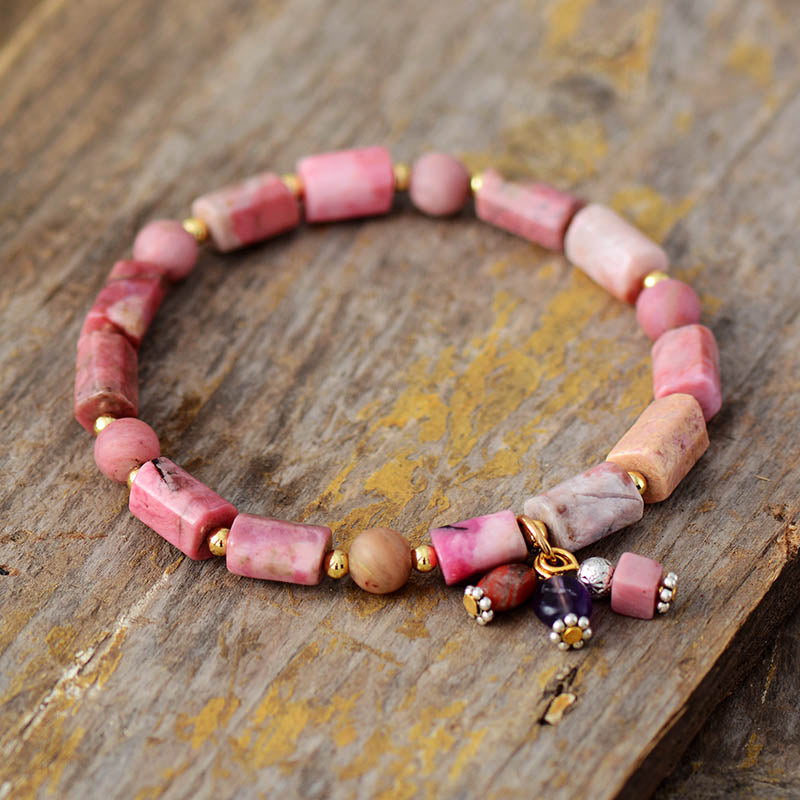 Boho Bracelet, Stretchy Bracelet, Pink and Blue Rhodonite