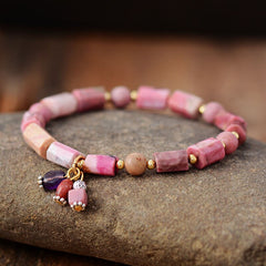 Boho Bracelet, Stretchy Bracelet, Pink and Blue Rhodonite