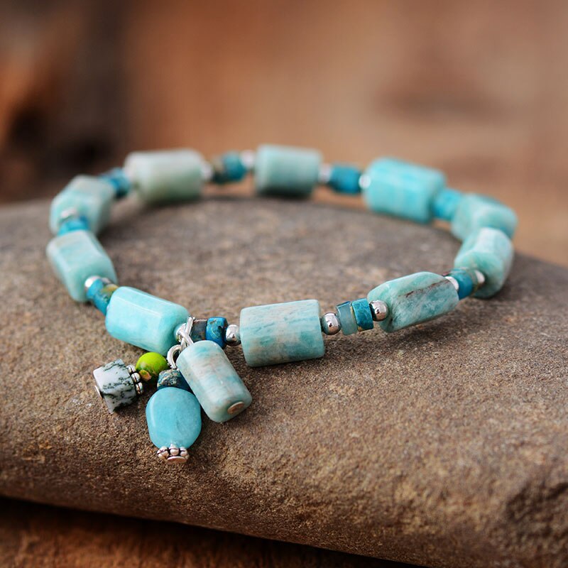 Boho Bracelet, Stretchy Bracelet, Pink and Blue Rhodonite