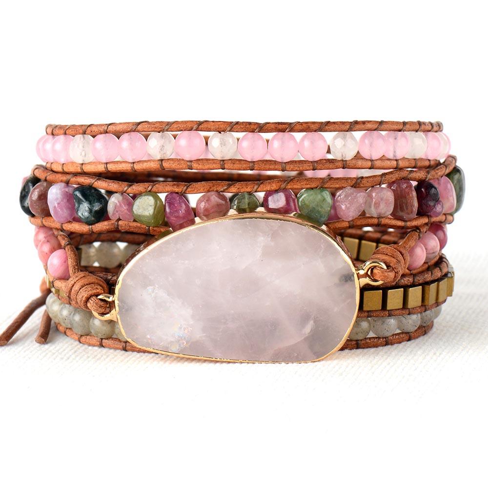 Boho Bracelet, 5 Layers Leather Wrap Bracelet, Natural Stone, Pink Tourmaline
