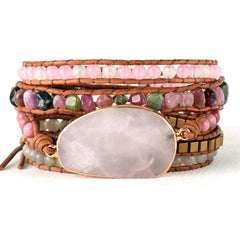 Boho Bracelet, 5 Layers Leather Wrap Bracelet, Natural Stone, Pink Tourmaline