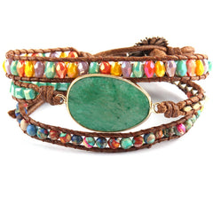 Boho Bracelet, RH 5 Layers Leather Wrap Bracelet,  Mixed Natural Stones & Crystal Stone Blue and Purple