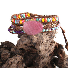 Boho Bracelet, RH 5 Layers Leather Wrap Bracelet,  Mixed Natural Stones & Crystal Stone Blue and Purple