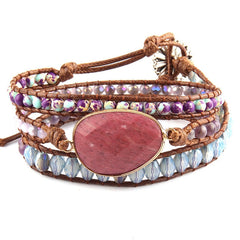 Boho Bracelet, RH 5 Layers Leather Wrap Bracelet,  Mixed Natural Stones & Crystal Stone Blue and Purple