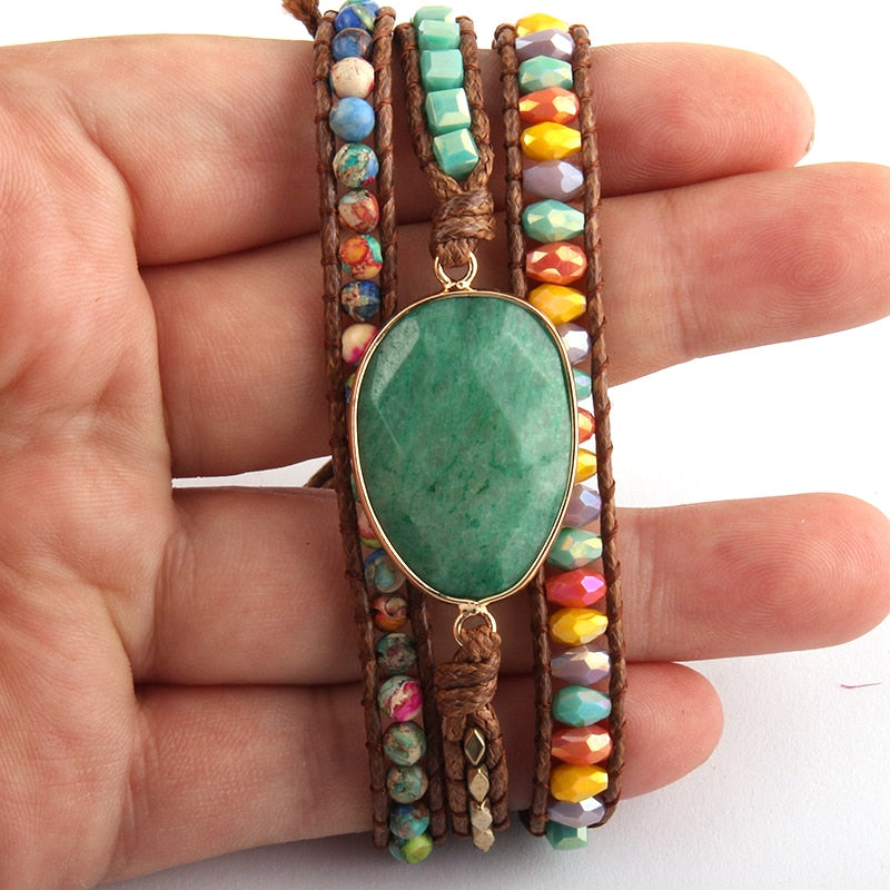 Boho Bracelet, RH 5 Layers Leather Wrap Bracelet,  Mixed Natural Stones & Crystal Stone Blue and Purple
