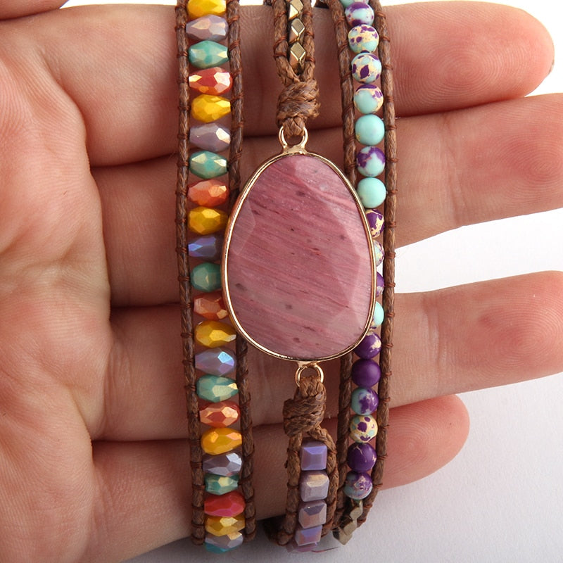 Boho Bracelet, RH 5 Layers Leather Wrap Bracelet,  Mixed Natural Stones & Crystal Stone Blue and Purple