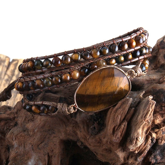 Boho Bracelet, RH 3 Layers Leather Wrap Bracelet, Natural Stones, Blue, Rose, Purple