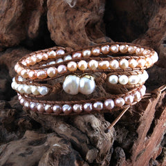 Boho Bracelet, RH 5 Layers Leather Wrap Bracelet, White Pink Natural Peal