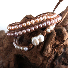Boho Bracelet, RH 5 Layers Leather Wrap Bracelet, White Pink Natural Peal