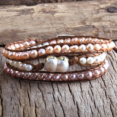 Boho Bracelet, RH 5 Layers Leather Wrap Bracelet, White Pink Natural Peal