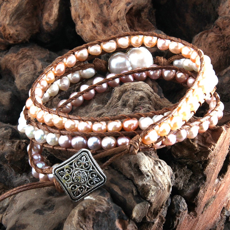 Boho Bracelet, RH 5 Layers Leather Wrap Bracelet, White Pink Natural Peal