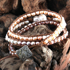 Boho Bracelet, RH 5 Layers Leather Wrap Bracelet, White Pink Natural Peal