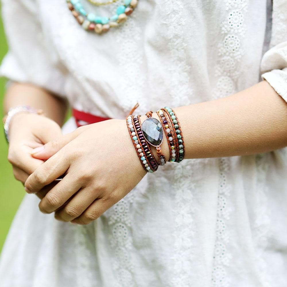 Boho Bracelet, 5 Layers Leather Wrap Bracelet, Black Onyx