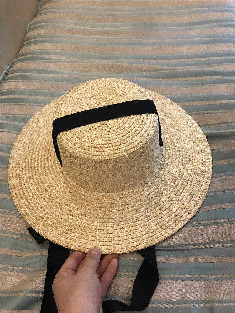 Boho Hat - Summer Sun, Beach, Wide Brim Straw Hat with Minnie Black Ribbon