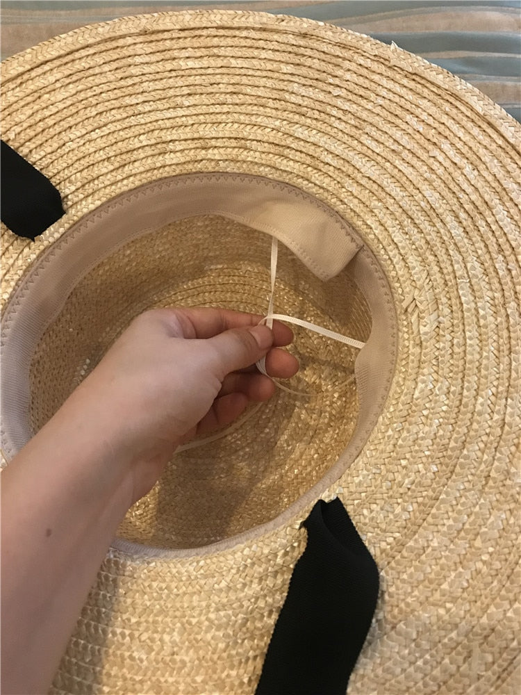 Boho Hat - Summer Sun, Beach, Wide Brim Straw Hat with Minnie Black Ribbon