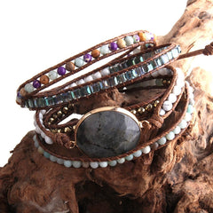 Boho Bracelet, RH 5 Layers Leather Wrap Bracelet, Black Tourmaline