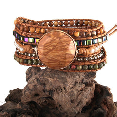 Boho Bracelet, RH 5 Layers Leather Wrap Bracelet, Black Tourmaline