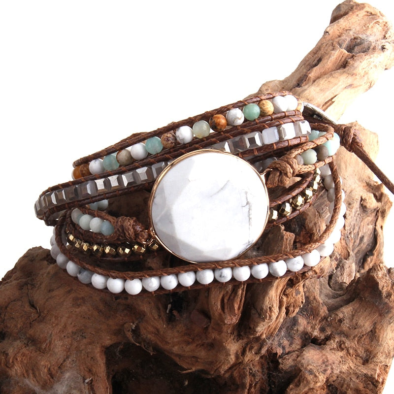 Boho Bracelet, RH 5 Layers Leather Wrap Bracelet, Black Tourmaline