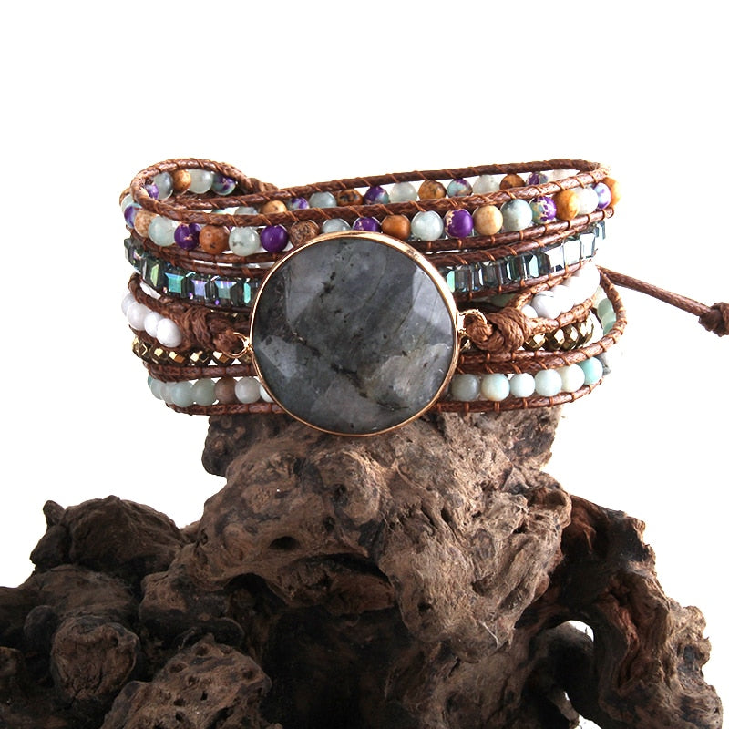 Boho Bracelet, RH 5 Layers Leather Wrap Bracelet, Black Tourmaline