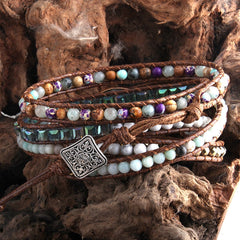Boho Bracelet, RH 5 Layers Leather Wrap Bracelet, Black Tourmaline