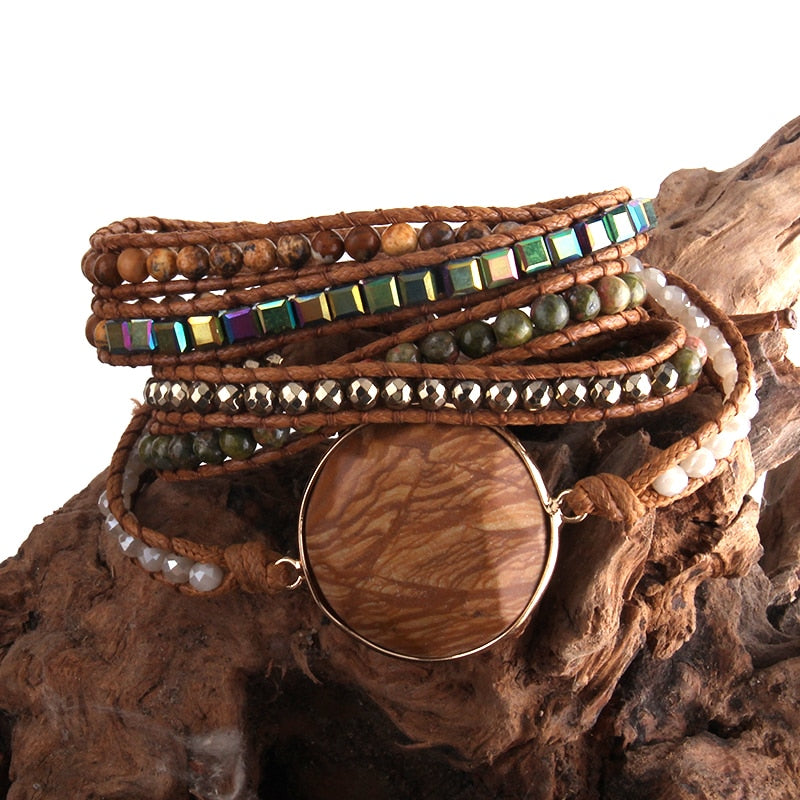Boho Bracelet, RH 5 Layers Leather Wrap Bracelet, Black Tourmaline