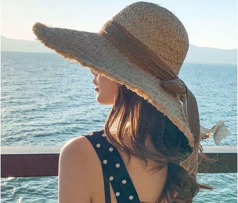 Boho Hat, Sun Hat, Beach Hat, Raffia Hat, Fringed Wide Brim Hat, Coffee Bow