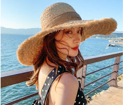 Boho Hat, Sun Hat, Beach Hat, Raffia Hat, Fringed Wide Brim Hat, Coffee Bow