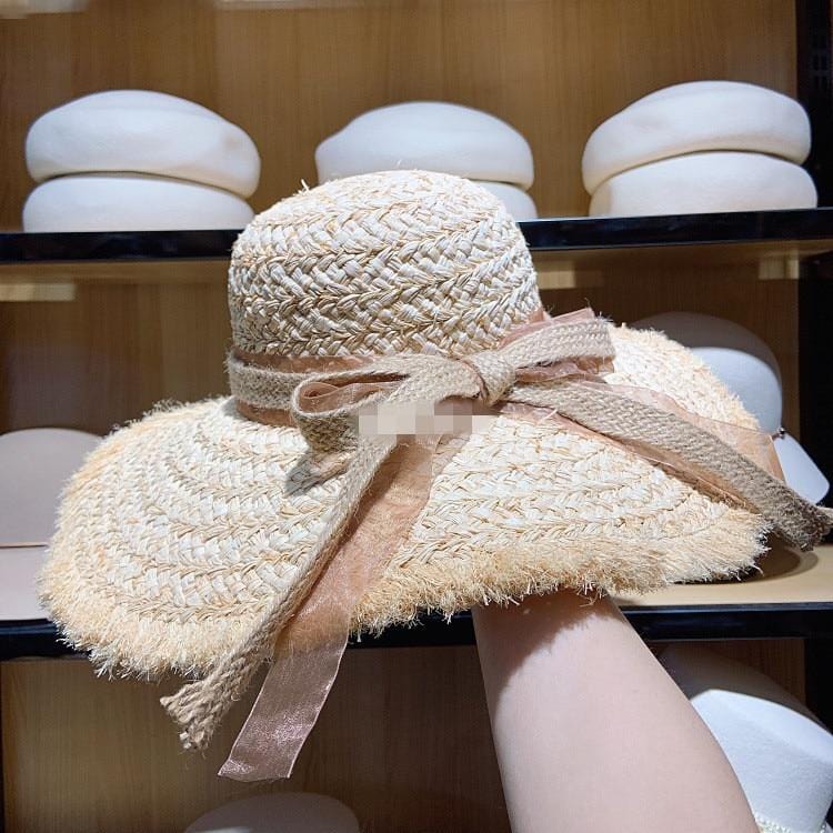 Boho Hat, Sun Hat, Beach Hat, Raffia Hat, Fringed Wide Brim Hat, Coffee Bow