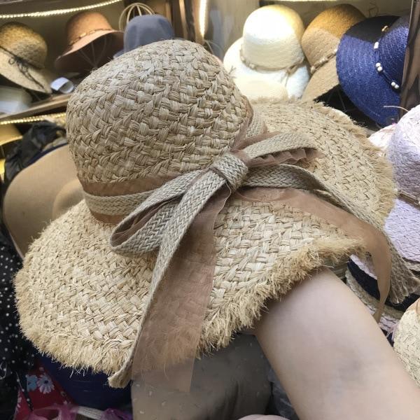 Boho Hat, Sun Hat, Beach Hat, Raffia Hat, Fringed Wide Brim Hat, Coffee Bow