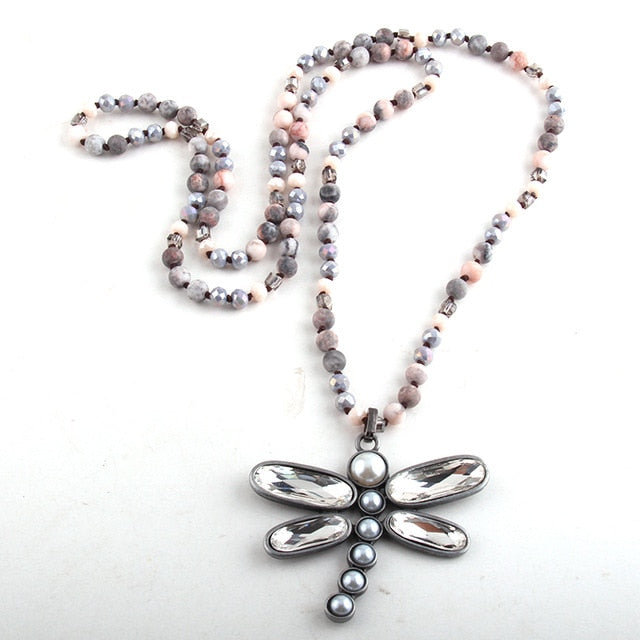 Boho Necklace, RH Crystal Dragonfly Blue Natural Stone