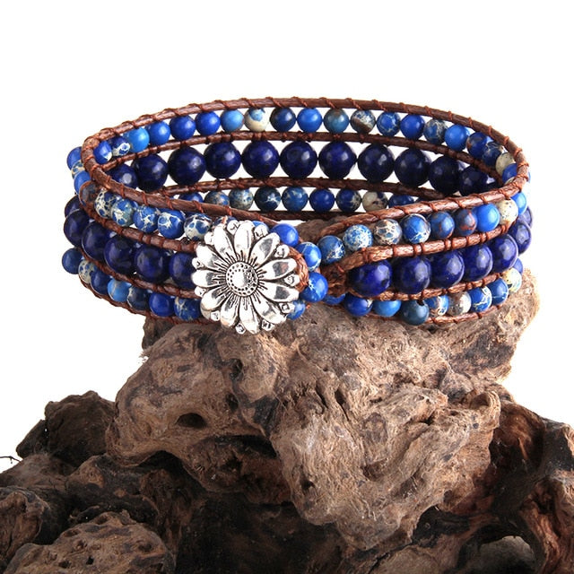 Boho Bracelet, RH 3 Layers Leather Wrap Bracelet, Green, Brown and Navy Natural Stones