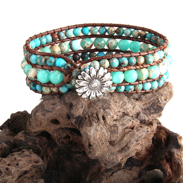 Boho Bracelet, RH 3 Layers Leather Wrap Bracelet, Green, Brown and Navy Natural Stones
