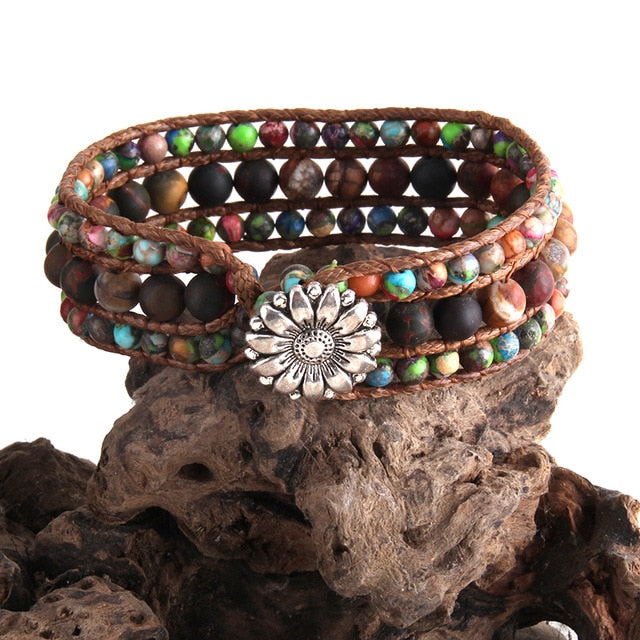 Boho Bracelet, RH 3 Layers Leather Wrap Bracelet, Green, Brown and Navy Natural Stones