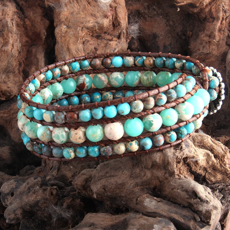 Boho Bracelet, RH 3 Layers Leather Wrap Bracelet, Green, Brown and Navy Natural Stones