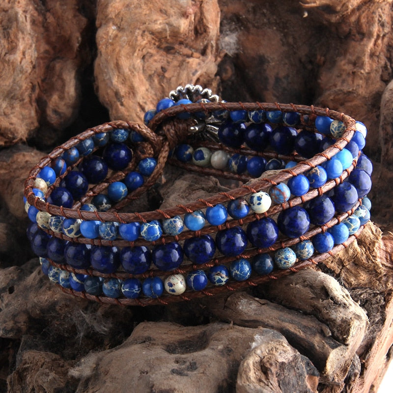 Boho Bracelet, RH 3 Layers Leather Wrap Bracelet, Green, Brown and Navy Natural Stones