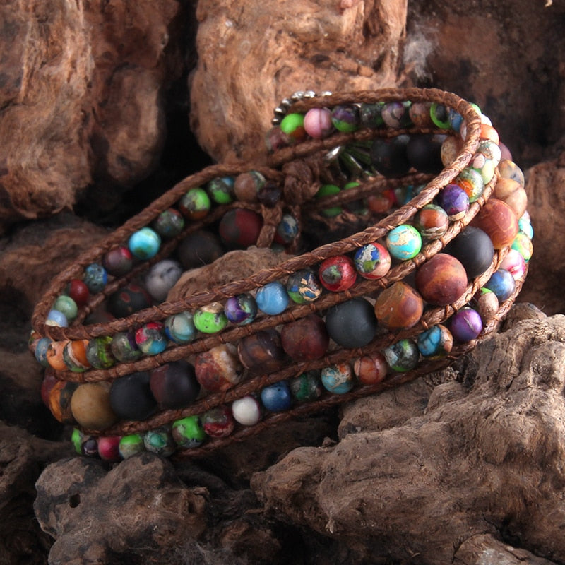 Boho Bracelet, RH 3 Layers Leather Wrap Bracelet, Green, Brown and Navy Natural Stones