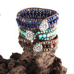 Boho Bracelet, RH 3 Layers Leather Wrap Bracelet, Green, Brown and Navy Natural Stones
